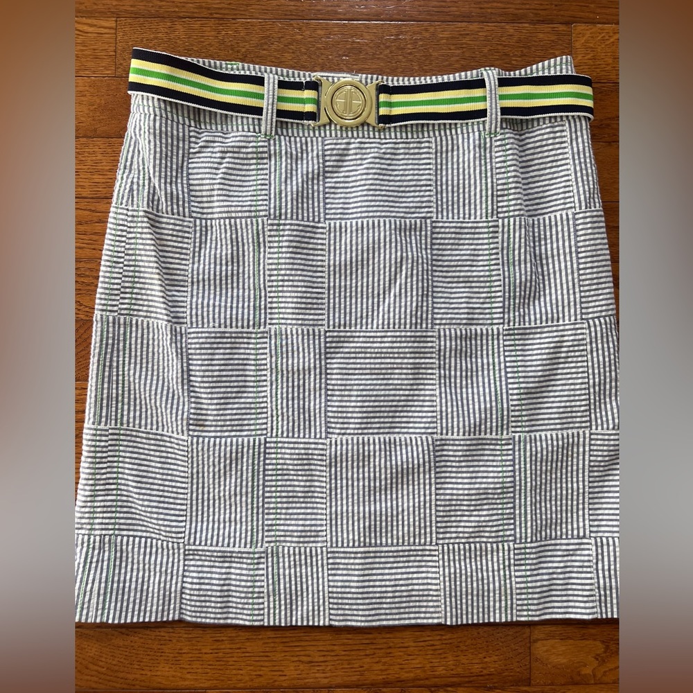 Lilly Pulitzer Nautical Blue Seersucker Skirt & Belt Size 8 $129 EUC